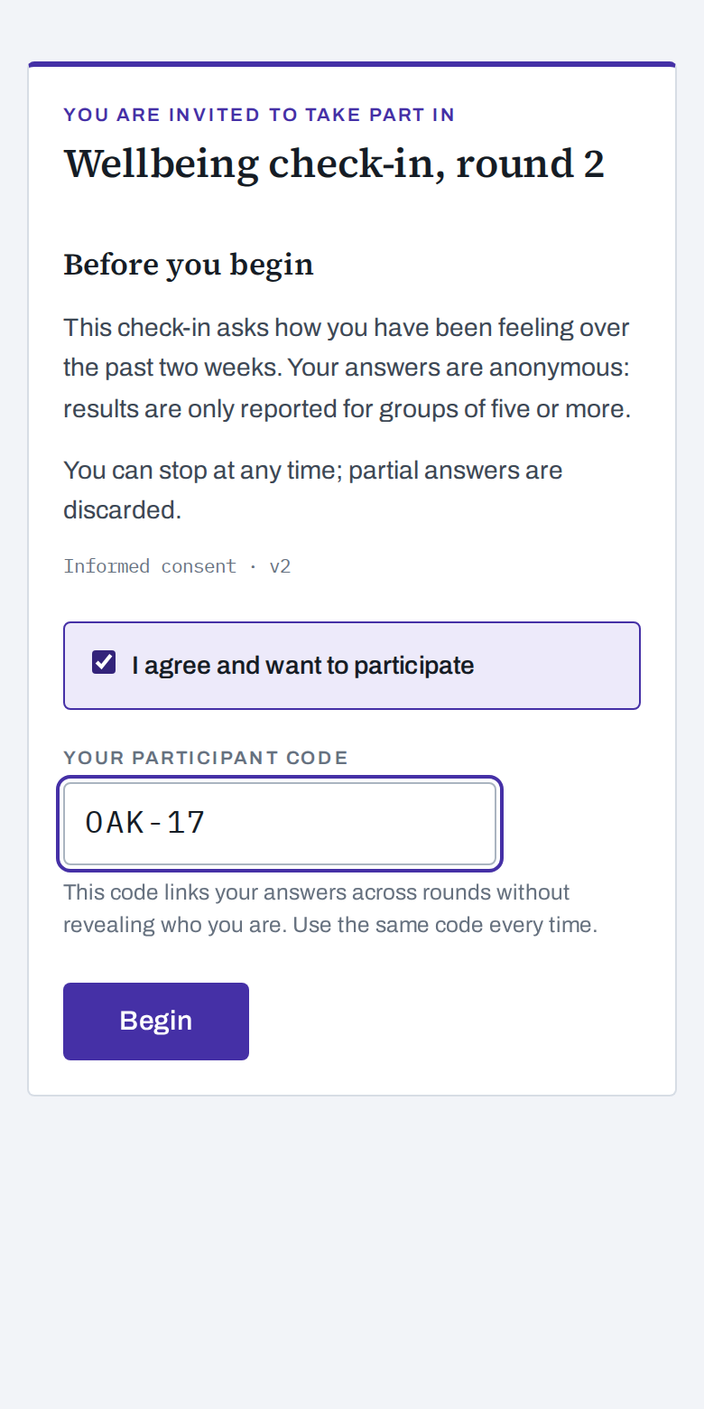 The respondent's consent sheet on a phone: study title, plain-language consent, participant code, and a Begin button